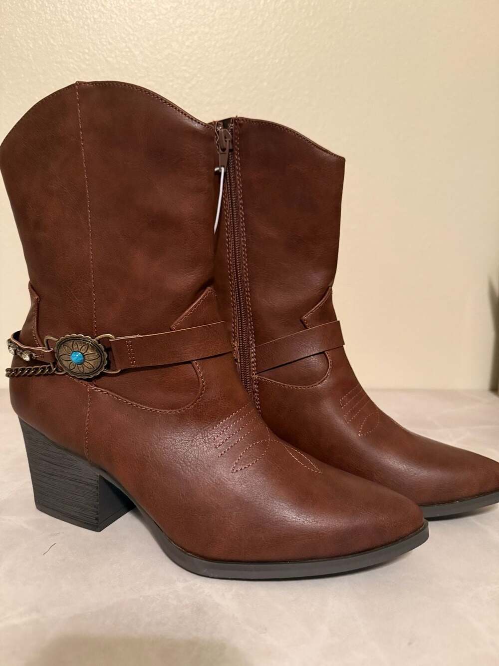 Faux Leather Brown Western Boots with Buckle Detail and Side Zipper